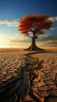 arido terra culle albero, illustrare clima i cambiamenti acqua crisi effetti in mezzo globale riscaldamento verticale mobile sfondo ai generato foto