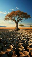 arido terra culle albero, illustrare clima i cambiamenti acqua crisi effetti in mezzo globale riscaldamento verticale mobile sfondo ai generato foto