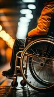 vicino su Visualizza uomo nel sedia a rotelle detiene ruote, raffigurante forza e capacità nonostante handicap verticale mobile sfondo ai generato foto