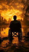 Disabilitato persona nel sedia a rotelle silhouette, promozione consapevolezza verticale mobile sfondo ai generato foto