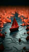 carta Barche a seguire un' rosso capo barca su mondo carta geografica concetto per comando, lavoro di squadra e vincente successo verticale mobile sfondo ai generato foto