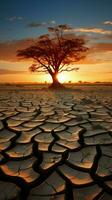 resiliente albero in mezzo Cracked terra significa clima i cambiamenti urto acqua carenza, globale riscaldamento verticale mobile sfondo ai generato foto