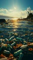 sabbioso distesa rovinato di scartato bottiglie e spazzatura, in mostra spiaggia inquinamenti danno verticale mobile sfondo ai generato foto