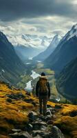 panoramico viaggio, escursionisti posteriore Visualizza come lui immerge nel montagnoso bellezza verticale mobile sfondo ai generato foto