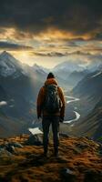 vertice serenità, escursionista su montagna spedizione, apprezzando panoramico Visualizza a partire dal dietro a verticale mobile sfondo ai generato foto
