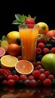 sano Schermo, assortito fresco frutta frutti di bosco, agrumi, mele succo pieno bicchieri colorato Salute verticale mobile sfondo ai generato foto
