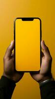 giallo fondale accentua mano, scatola, e Telefono un' triade di innovazione verticale mobile sfondo ai generato foto