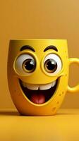 giallo sfondo padroni di casa adorabile caffè tazza carattere, sorridente camera per personalizzazione verticale mobile sfondo ai generato foto