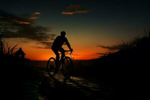 equitazione in il crepuscolo, un' ciclista gode il tranquillo sera ambiance ai generato foto