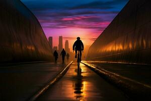 il urbano ciclisti silhouette si fonde con il paesaggio urbano a tramonto ai generato foto