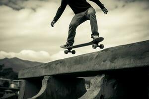 un' monocromatico scena un' persona equilibratura con grazia su un' skateboard ai generato foto