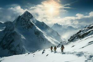 avventuroso anime Esplorare un' nevoso montagna, forgiatura loro modo verso l'alto ai generato foto