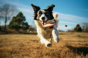 energico confine collie salti con gioia per intoppo un' Soaring frisbee ai generato foto