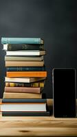 contrasto di e lettore e rilegato libri su leggero grigio tavolo, testo spazio a disposizione verticale mobile sfondo ai generato foto