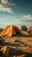 desolato deserto campeggio solitario avventura in mezzo arido terra desolata, circondato di vuoto verticale mobile sfondo ai generato foto