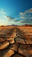 deserti trasformazione Cracked terra e asciutto suolo emblematico di clima modificare verticale mobile sfondo ai generato foto