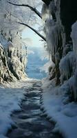 congelato avventura pendio arrampicata le foglie umano impronte acidato nel nevoso sentiero verticale mobile sfondo ai generato foto
