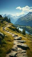 montagna paesaggio con escursioni a piedi pista e Visualizza di bellissimo laghi verticale mobile sfondo ai generato foto