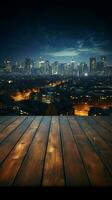 notturno paesaggio urbano sfocato cielo, di legno tavolo ornato di lontano edificio luci verticale mobile sfondo ai generato foto
