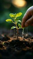 piantare rituale mano Aggiunge suolo su verde bokeh, significare crescita o ricordo verticale mobile sfondo ai generato foto