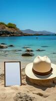 posteriore Visualizza uomo nel bianca camicia e cappello su spiaggia con vuoto tavoletta verticale mobile sfondo ai generato foto