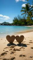 sulla spiaggia amore manoscritto cuori su sabbioso tela, impostato contro tropicale Paradiso fondale verticale mobile sfondo ai generato foto