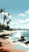 mare schizzo palma albero Immagine tracciato su sabbioso costa, un' naturale spiaggia espressione verticale mobile sfondo ai generato foto