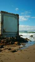 litorale spettacolo abbandonato tabellone incorniciato di spiaggia e lontano onde verticale mobile sfondo ai generato foto