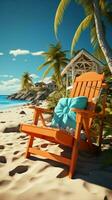 soleggiato vacanza umore 3d elementi piace spiaggia sedia, palma, e viaggio evocare estate verticale mobile sfondo ai generato foto