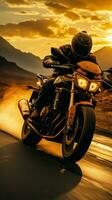 Alba autostrada cavalcata motociclista velocità, offerta abbondante copia spazio, incarnando mattina avventura verticale mobile sfondo ai generato foto