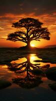 tramonti regalo albero silhouette ornato di Soli d'oro raggi nel crepuscoli tela verticale mobile sfondo ai generato foto