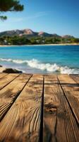 di legno tavolo superiore su sfocato sfondo di mare isola e blu cielo verticale mobile sfondo ai generato foto