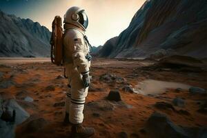 curioso astronauta sguardi a alieno terreno durante interplanetario spazio missione ai generato foto