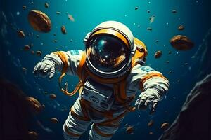 amichevole astronauta su celeste corpo, scienza e Tech emblema ai generato foto