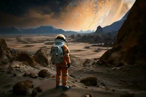 missione per il sconosciuto astronauta sembra in giro su un altro pianeta ai generato foto