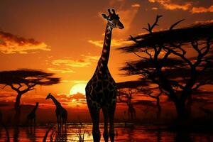 ambientazione sole si illumina un' trasformato paesaggio con un' giraffa mandria ai generato foto