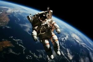 trasformato astronauta vola sopra terra, un' cosmico custode nel spazio ai generato foto