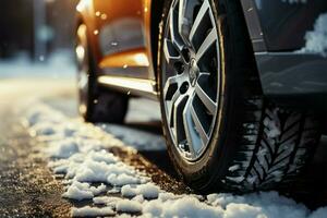 vicino su di un' macchine inverno pneumatico Avvincente il invernale strada ai generato foto