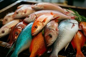 colorato varietà di pesce visualizzato a il vivace frutti di mare mercato ai generato foto