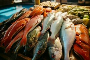 mercato stalla briglie con diverso pesce, un' frutti di mare Gli amanti Paradiso ai generato foto