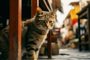 mercato visitatore un' vagante gatto vagare in mezzo il Locale attività ai generato foto