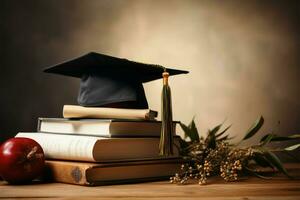 accademico successo la laurea cappello, diploma, e libro grazia il tavolo ai generato foto