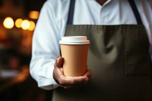 barista servi un' porta via carta tazza di cottura a vapore caffè con grazia ai generato foto