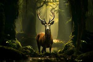 un' cervo miscele in un' misterioso foresta scena, catturato realisticamente ai generato foto