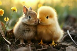 improbabile duo, coniglietto e pulcino, esprimere loro in profondità amicizia attraverso baci ai generato foto