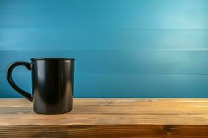 nero caffè tazza, rustico legna tavolo, contrastante con blu sfondo ai generato foto