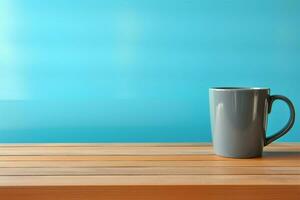 contrasto caffè boccale su legna tavolo contro calmante blu sfondo ai generato foto