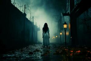Halloween e orrore film Condividere un inquietante, emozionante, e chilling atmosfera ai generato foto