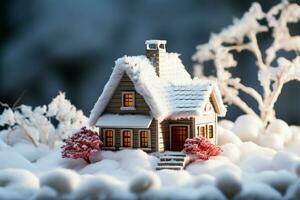Casa modello nel un' nevoso ambientazione, sottolineando inverno riscaldamento concetto ai generato foto