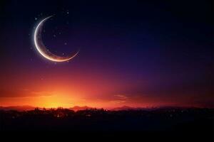 crepuscolo fondale mezzaluna Luna, stella, Arabo testo, e vivace cielo ai generato foto